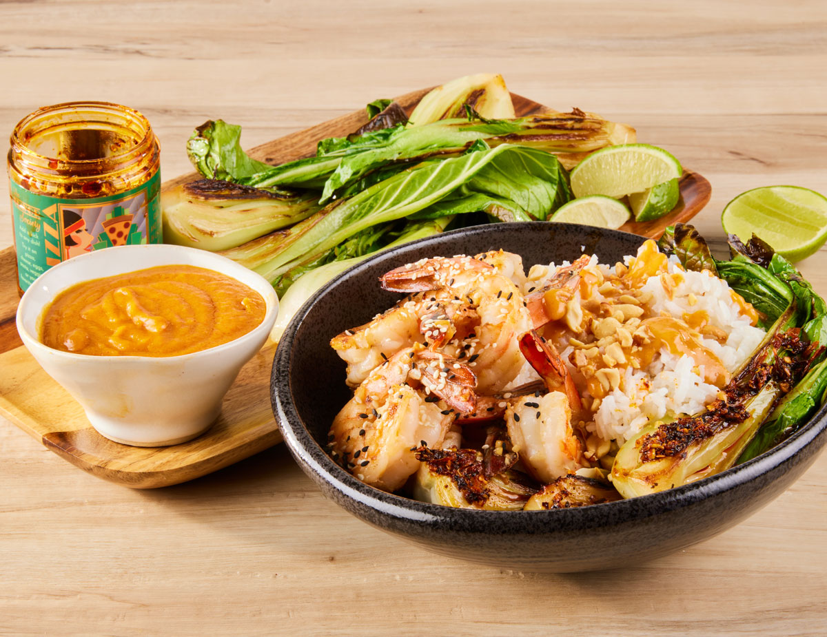 Sesame Garlic Prawns with Peanut Sauce